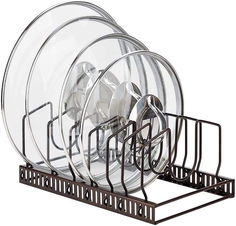 Toplife Pot Lids Organizer Rack for Cabinet and Countertop, 7+ Pan Lids and Bakeware Organizer Rack Holder with 7 Adjustable Compartments - Brown - Image 1